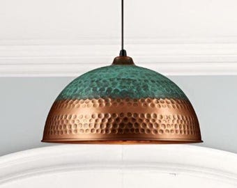 Verdigris Patina Copper Dome Pendant Light - Kitchen Island Lighting