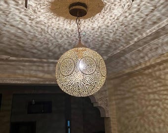 Marokkanische Messing Pendelleuchte, handgefertigte Deckenlampe