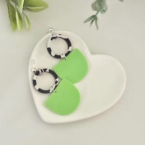 Neon Bright Green Acrylic Earrings: Black and White Hoops, Lightweight
