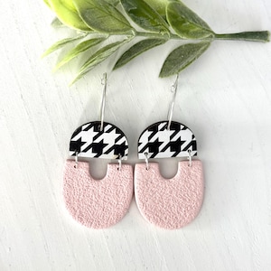 Classic Earrings I Houndstooth Earrings I Pink Black and White Polymer Clay Earrings I Free Shipping
