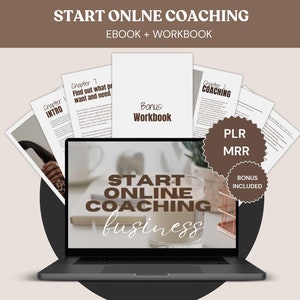 May include: A laptop computer displaying a digital marketing product for starting an online coaching business. The product includes an ebook and workbook. The text on the screen reads "Start Online Coaching Business".