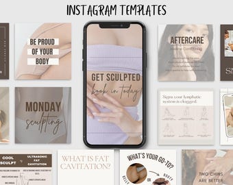 May include: A set of Instagram templates for body sculpting services. The templates feature images of a woman's body, text about fat cavitation, lymphatic system, and aftercare instructions. The templates are in a light pink and brown color scheme.