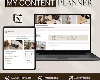 May include: A laptop computer screen displaying a content planner template with a Notion logo and the text "Consistency is what transfers average into excellence". The template is designed to help users plan and schedule their content across various social media platforms.