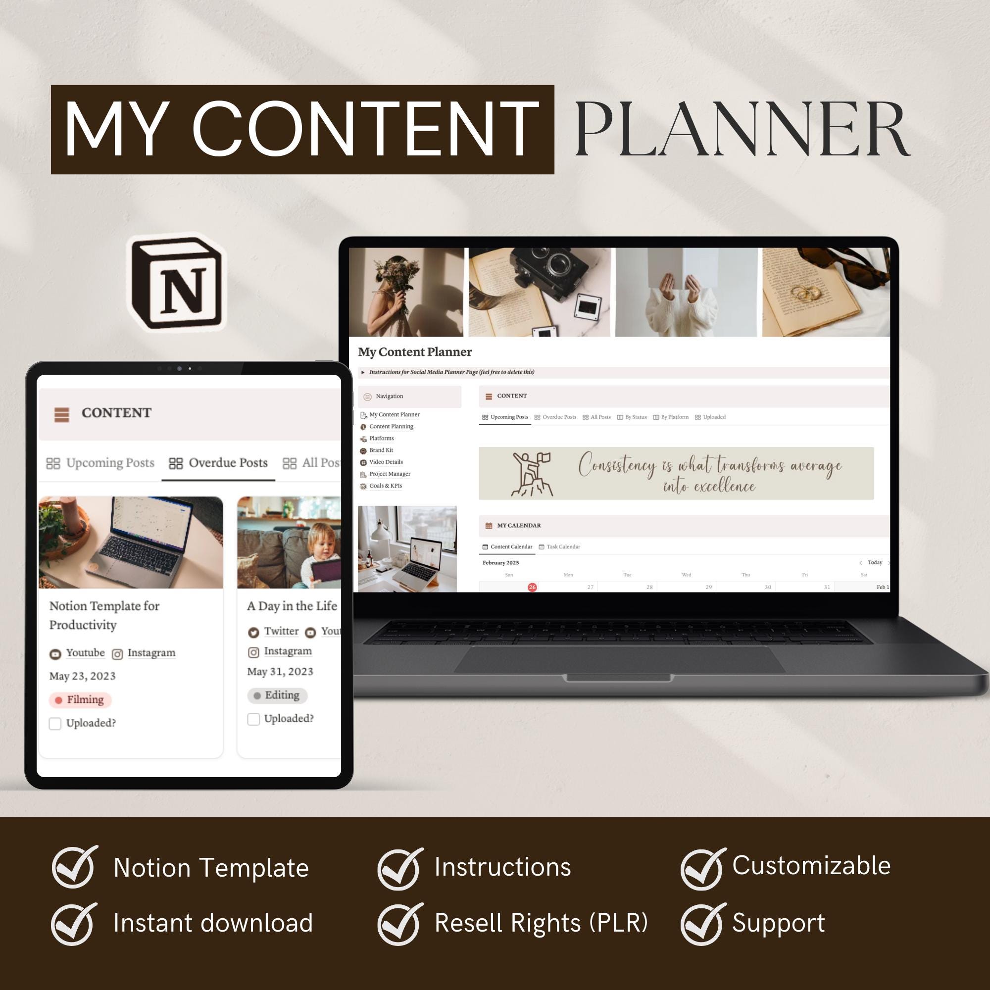 Notion Content Planner Template, Social Media Task Calendar (PLR) - Etsy