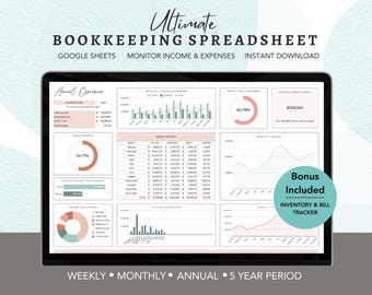 May include: A computer screen displaying a Google Sheets spreadsheet template for bookkeeping. The spreadsheet includes charts and graphs to track income and expenses, as well as a bonus inventory and bill tracker. The text on the screen reads "Ultimate Bookkeeping Spreadsheet", "Google Sheets", "Monitor Income & Expenses", "Instant Download", "Weekly", "Monthly", "Annual", "5 Year Period", "Bonus Included", "Inventory & Bill Tracker", and "Annual Overview".