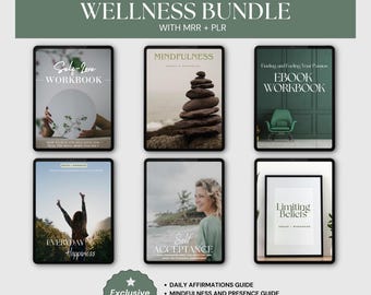 May include: Wellness bundle featuring six digital products: Self-Love Workbook, Mindfulness Workbook, Everyday Happiness Workbook, Self-Acceptance Workbook, Finding and Fulfilling Your Passion Workbook, and Limiting Beliefs Workbook. The bundle includes an exclusive bonus.