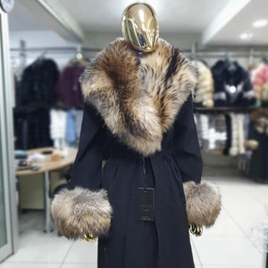 Big Raccoon Fur Collar with Cashmere Coat - Women's Cashmere Coat with Natural Fur -  Top Quality Cashmere with Genuine Raccoon Fur - Gift