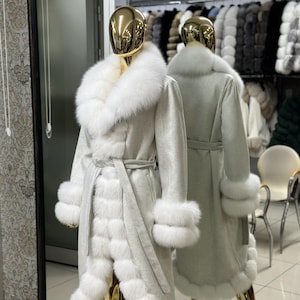 White Alpaca Coat with Fox Fur Hood - Handmade Winter Jacket