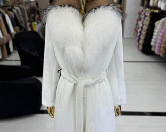 Genuine Fox Fur Jacket: White Alcantara Coat for Women