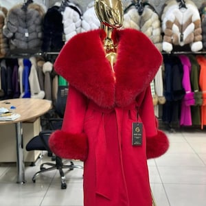 Red Cashmere Coat: Genuine Fox Fur Trim, Handmade Luxury