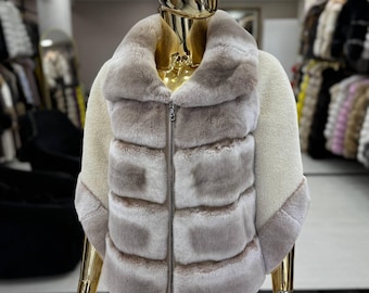 REX in Chinchila Color Fur Coat With Fox Collar!brand New Real REX in Chinchila Color Fur Coat With Fox Collar!brand New Real