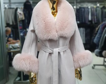 Light Pink Alpaca Coat with Fox Fur Collar and Cuffs - Handmade New Year Gift