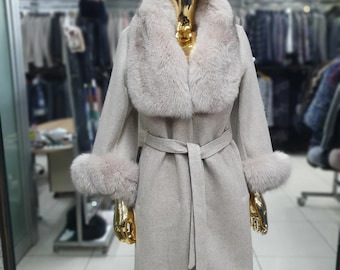 Beige Alpaca Coat with Fox Fur Collar and Cuffs - Handmade New Year Gift