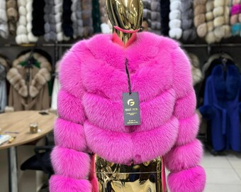 Luxury Pink Fox Fur Jacket: Genuine Fox Skin Coat