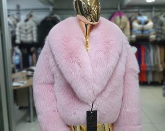 Luxury Pink Fox Fur Jacket: Genuine Fox Skin Coat