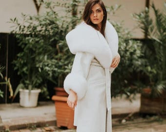 White Alpaca Coat with Fox Fur Trim - Women's Winter Jacket