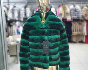 REX in Chinchila Color Fur Coat With Fox Collar!brand New Real
