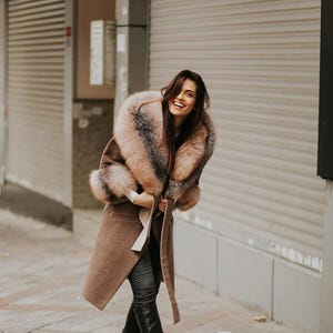 Alpaca Coat with Crystal Fox Fur Hood - Handmade Winter Jacket