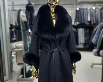 Black Alpaca Coat with Fox Fur Collar and Cuffs - Handmade New Year Gift