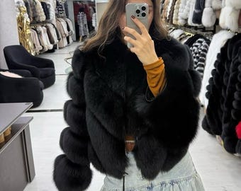 Genuine Black Fox Fur Jacket - Luxury FurEverFox Coat