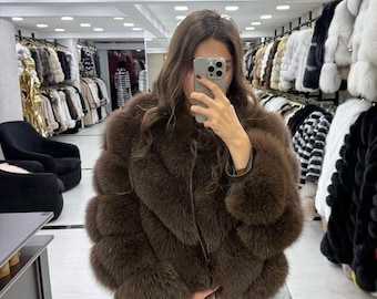 Genuine Brown Fox Fur Jacket - Luxury FurEverFox Coat