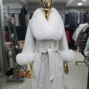 White Alpaca Coat with Fox Fur Collar and Cuffs - Handmade New Year Gift
