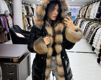 Hooded Waterproof Fox Fur Parka: Luxury Inflatable Fabric Coat