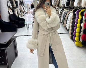 Beige Long Cashmere Coat: Genuine Fox Fur Collar, Handmade Luxury