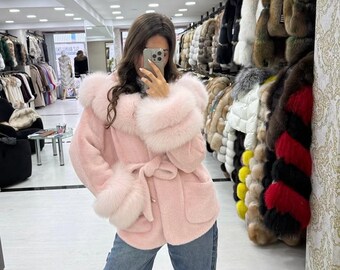 Light Pink Special Color Alcantara Fox Fur Overcoat: Luxurious Genuine Fur Jacket, Christmas Gift