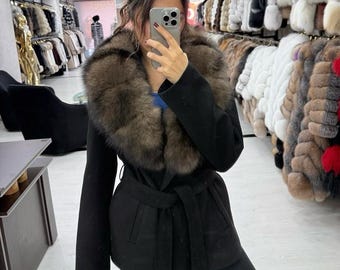 Black Short Cashmere Coat: Genuine Fox Fur Collar, Handmade Luxury
