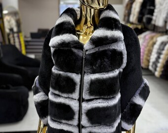 REX in Chinchila Color Fur Coat With Fox Collar!brand New Real