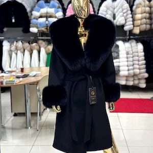 Black Cashmere Coat: Natural Fox Fur Trim, Long Jacket