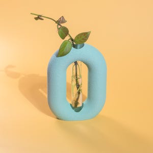 May include: A light blue, oval-shaped vase with a textured surface. A small glass tube holds a plant stem with green and brown leaves. The vase is set against a yellow background, creating a modern, minimalist aesthetic.