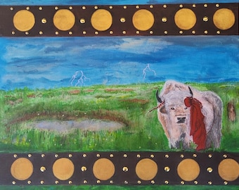 White Buffalo Under Prairie Sky – 16x20 Original Acrylic Painting by Dakota Artist Beatrice Martinez | Spirit Lake Nation | Native America