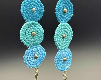 Blue Beaded Circle Earrings, Feather Charm earrings | Native Style Lightweight Dangle Earrings | Handmade Statement Jewelry