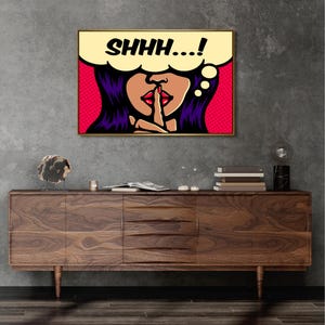 Shhh Pop Art Canvas – Glamorous Woman Comic Book Style Wall Art, Silence Gesture Poster, Retro Speech Bubble Print, Framed & Unframed