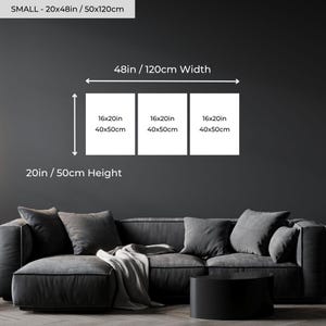 May include: A triptych wall art set with three white panels, each measuring 16x20 inches (40x50cm). The total width is 48 inches (120cm), and the height is 20 inches (50cm). The text "SMALL - 20x48in / 50x120cm" is at the top.