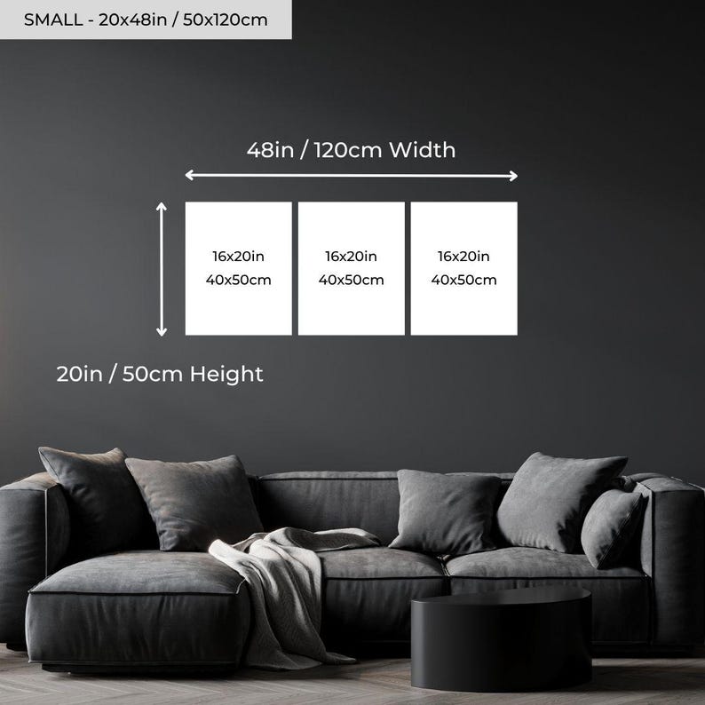 May include: A triptych wall art set with three white panels, each measuring 16x20 inches (40x50cm). The total width is 48 inches (120cm), and the height is 20 inches (50cm). The text "SMALL - 20x48in / 50x120cm" is at the top.