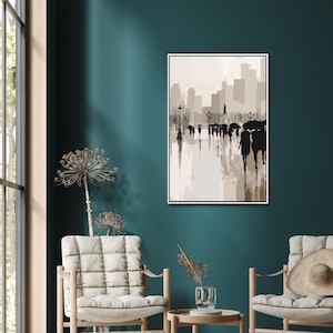 People in the Rain City Scene – Moody Urban Canvas Wall Art, Rainy Day Painting, Modern Figurative Cityscape Print, Framed & Unframed