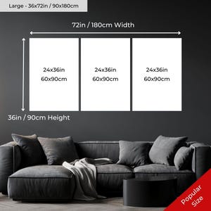 May include: A large, three-panel canvas art piece, each panel measuring 24x36 inches (60x90cm). The total dimensions are 36 inches (90cm) high and 72 inches (180cm) wide. The text on the image indicates the size as "Popular Size."