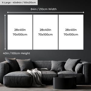 May include: An X-Large triptych canvas art piece, 40 inches high and 84 inches wide (100 x 210 cm). Each of the three panels is 28 x 40 inches (70 x 100 cm). The artwork is displayed above a dark gray sofa.