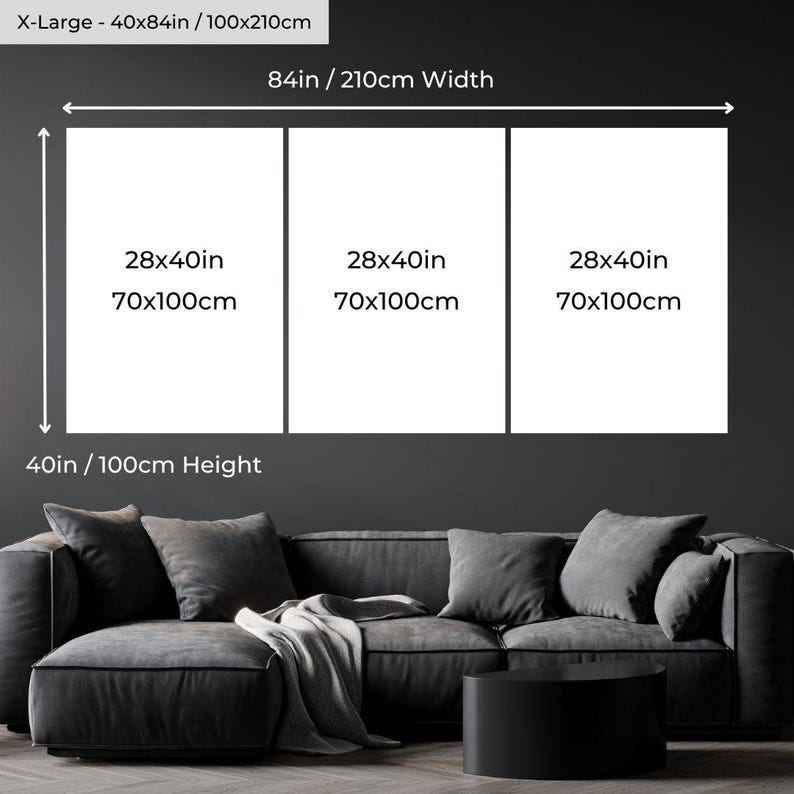 May include: An X-Large triptych canvas art piece, 40 inches high and 84 inches wide (100 x 210 cm). Each of the three panels is 28 x 40 inches (70 x 100 cm). The artwork is displayed above a dark gray sofa.