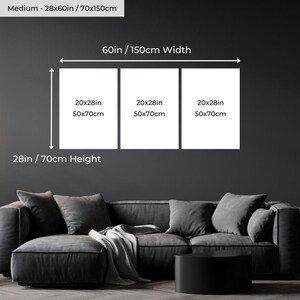 May include: A three-panel wall art display, each panel measuring 20x28 inches (50x70 cm), with a total width of 60 inches (150 cm). The height is 28 inches (70 cm). The text on the image reads: Medium - 28x60in / 70x150cm, 60in / 150cm Width, 28in / 70cm Height.