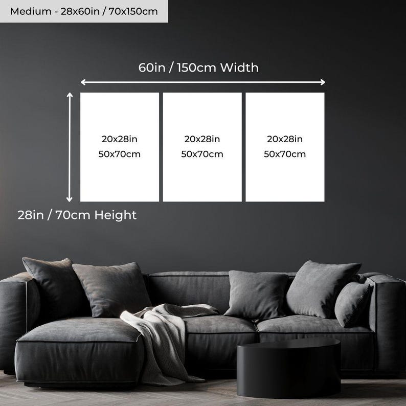 May include: A three-panel wall art display, each panel measuring 20x28 inches (50x70 cm), with a total width of 60 inches (150 cm). The height is 28 inches (70 cm). The text on the image reads: Medium - 28x60in / 70x150cm, 60in / 150cm Width, 28in / 70cm Height.