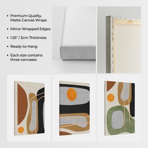 May include: Canvas art set featuring abstract designs in earth tones, black, and green. The canvases have mirror-wrapped edges and are 1.25 inches thick. Each set contains three canvases and is ready to hang.