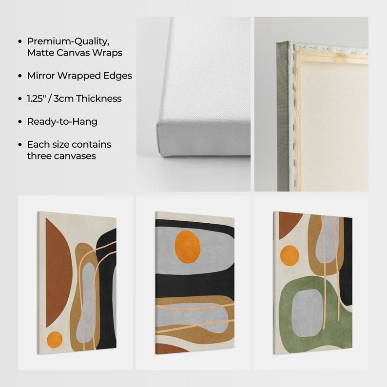 May include: Canvas art set featuring abstract designs in earth tones, black, and green. The canvases have mirror-wrapped edges and are 1.25 inches thick. Each set contains three canvases and is ready to hang.