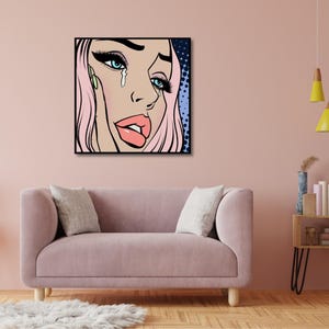 Crying Girl Pop Art Leinwand - Rosa Haare Comic-Stil Wandkunst, Retro emotionales Porträt Druck, farbenfrohes Poster, gerahmt und ungerahmt