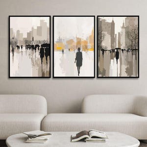 Gallery Wall - Set Of 3 - People in the Rain City Scene – Rainy Day Painting, Modern Figurative Cityscape Print, Framed & Unframed