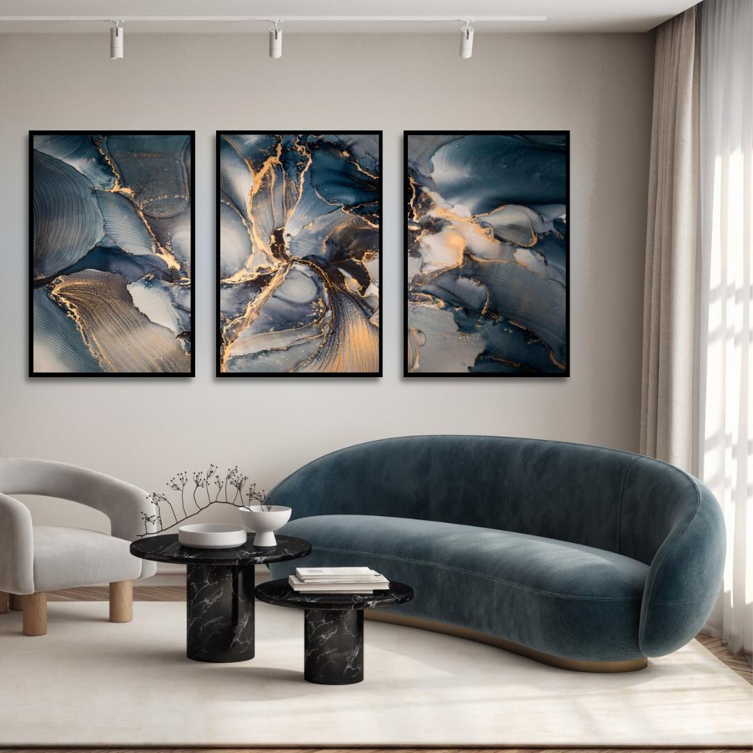 Luxury Abstract Blue and Gold Wall Art Set of 3 – Modern Marble Effect ...