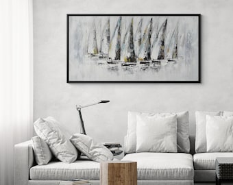 Abstract Sailboats Painting  | Nautical Wall Art | Framed Canvas - Ready to Hang